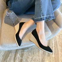 Slope heel shoes womens real leather 2021 new pointed platform shoes childrens spring and autumn thick bottom grass high heels black apricot