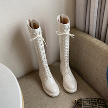 ann Knight boots womens strappy leather boots Womens spring and autumn long barrel Martin boots Flat high boots Thin version beige