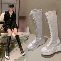 Net boots womens summer thick-soled muffin boots Net red hollow boots Childrens mesh high tube cool boots genuine leather white 10cm