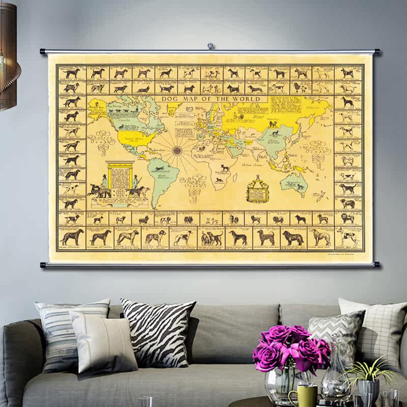 World dog distribution hanging scroll map decorative painting background wall nostalgic hanging painting English version oil painting canvas porch mural