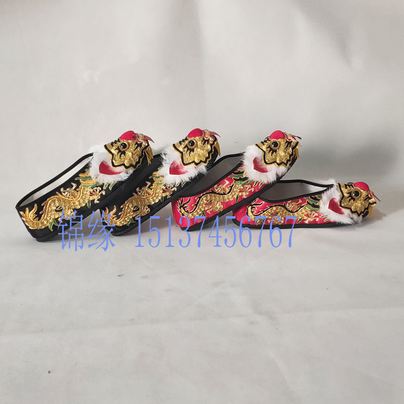 Drama opera dragon and tiger boots military generals dragon and tiger boots plate gold embroidery Sichuan opera face-changing flat bottom high bottom low help dragon tiger boots