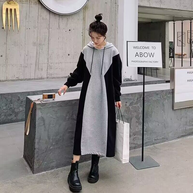 Plus Size Maternity Dress Long Dress 2025 Autumn Loose Belly-Covering Color-Blocked Hooded Sweatshirt Dress for Women Plus Size Maternity Dress Long Dress 2025 Autumn Loose Belly-Covering Color-Blocked Hooded Sweatshirt Dress for Women