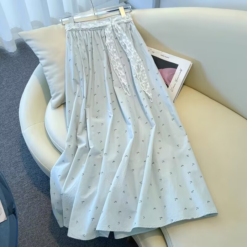 2026 Summer New Style Blue Floral Skirt for Women with Elastic Waist and Drapey Large Size Mid-Length Skirt Casual A-Line Skirt
