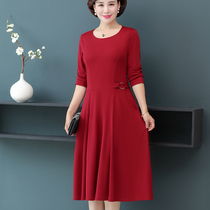 Middle Aged Lady Long Sleeve Dress Woman 2019 New first autumn Skinder with slim pocket Long dress over knee 40-50-year-old