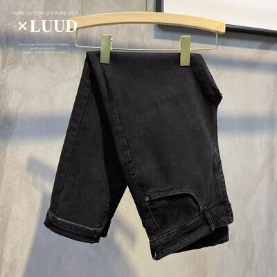 LUUD washed, aged and trimmed black jeans, retro slim skinny pants, men's scratch-off trendy 9-inch pants
