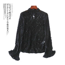 3037 3037 2020 Spring new fashion Fashion Stand Lace Jersey Undershirt Woman Foreign Air Hollowed-out Cardiovert Horn Sleeve Bottom Blouse