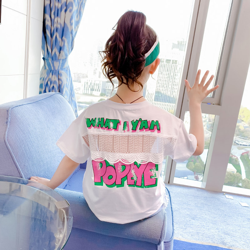 Girls Summer Short Sleeve T Shirt 2023 New Ocean Children's Summer Net Red Lifted Top Girls T