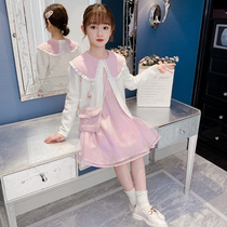 Girl Spring Autumn Dress Foreign Air Suit Dress 2022 New Korean Version Children Fall Tennis Red Tandem Dress Little Girl Tide