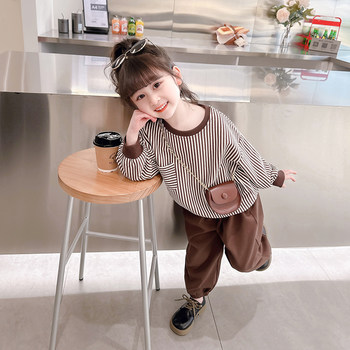 Children's Korean version of the sweater suit spring and autumn girls' long-sleeved striped bottoming shirt sweatpants baby girl two-piece children's clothing