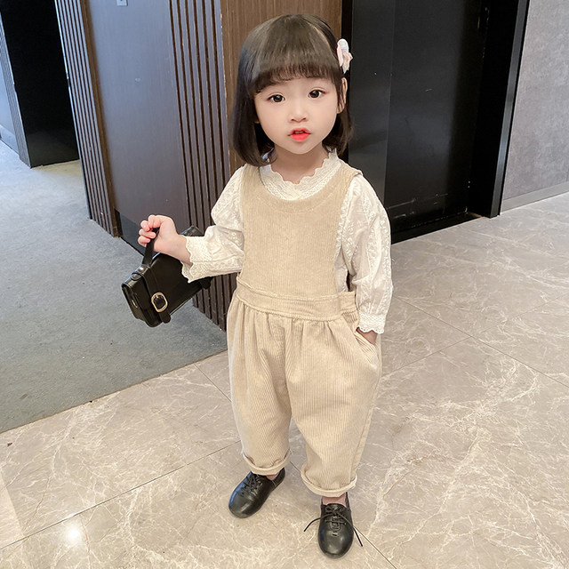 Girls overalls western style loose trousers spring children's corduroy casual one-piece pants children's Korean version pants
