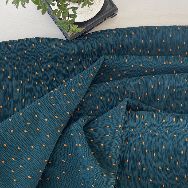 Spring and Summer Slightly Elastic Deep Peacock Green Dotted Wrinkled Gauze Fabric Dress/Skirt Slightly See-Through Textured Clothing Fabric