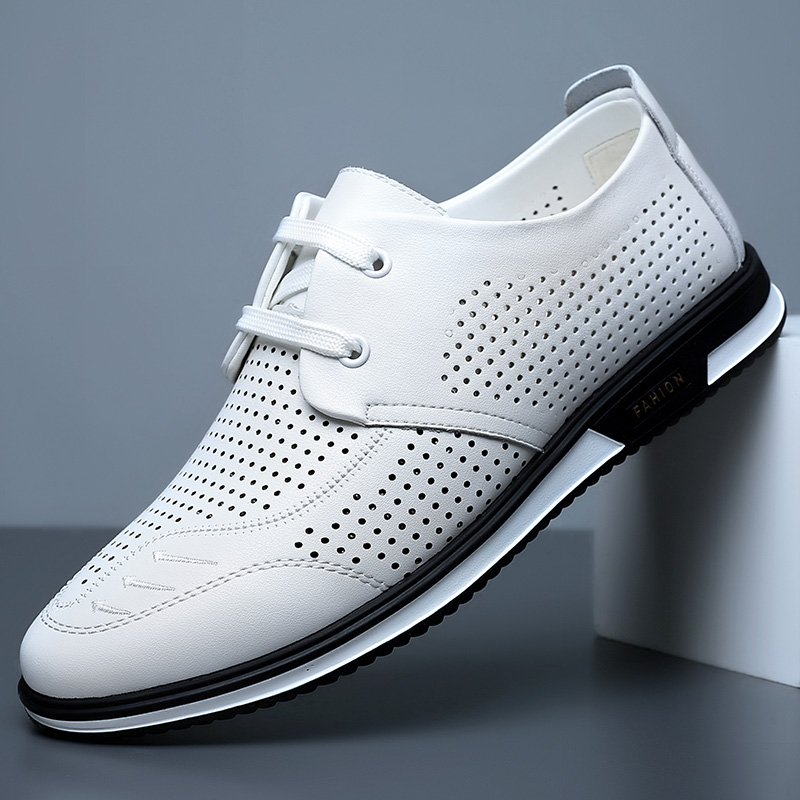 Hong Kong Chaos 2022 Spring Summer New social spirit Small men's shoes breathable hollowed-out leather shoes 100 hitch a little white shoe