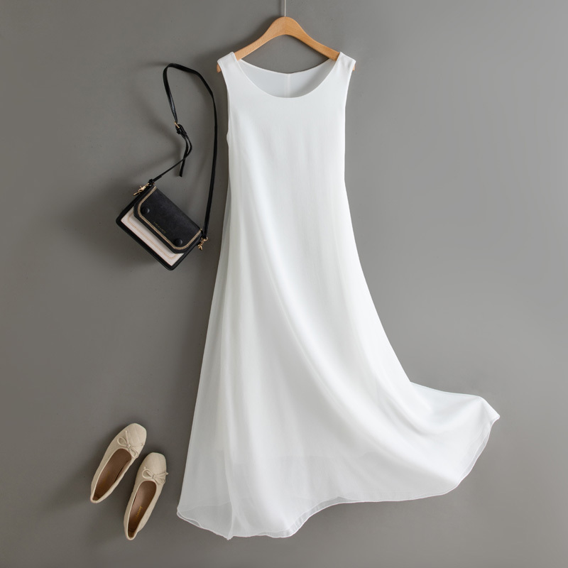 Summer New Style White Inner Layer Anti-Wrinkle Silk Crepe Three-Layer High-End Elegant Base Dress Sleeveless Vest Long Dress