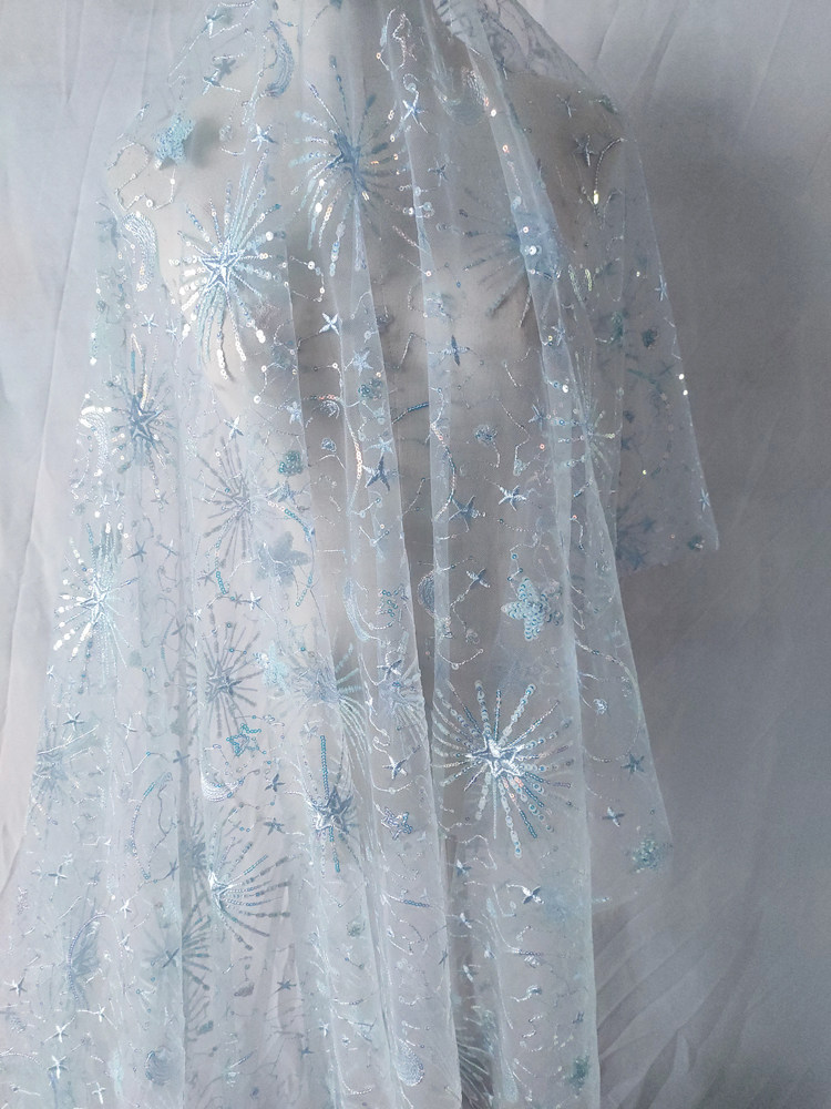 1meter Stars and moon sequined yarn cloth dress see-through sequined dress fashion designer mesh embroidery fabric