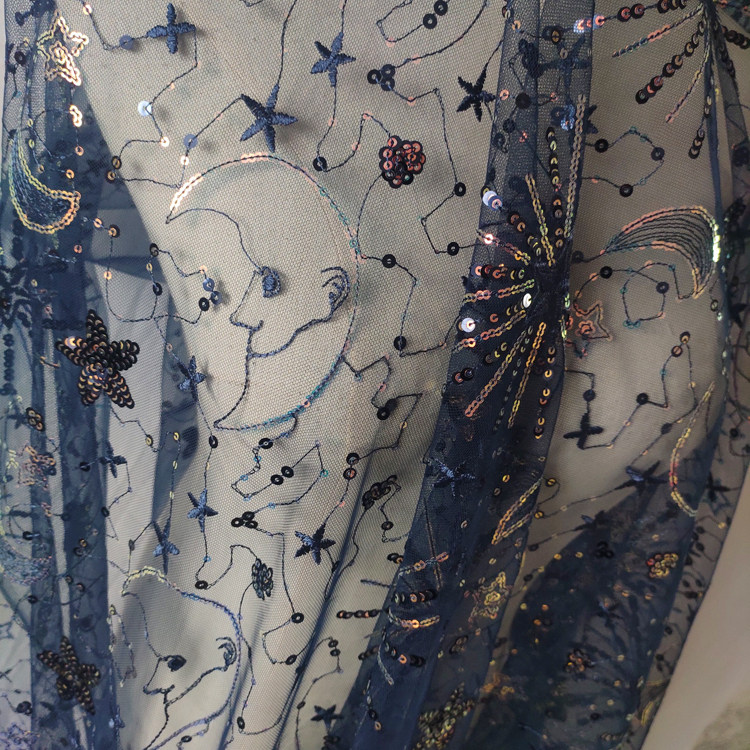 1meter Stars and moon sequined yarn cloth dress see-through sequined dress fashion designer mesh embroidery fabric