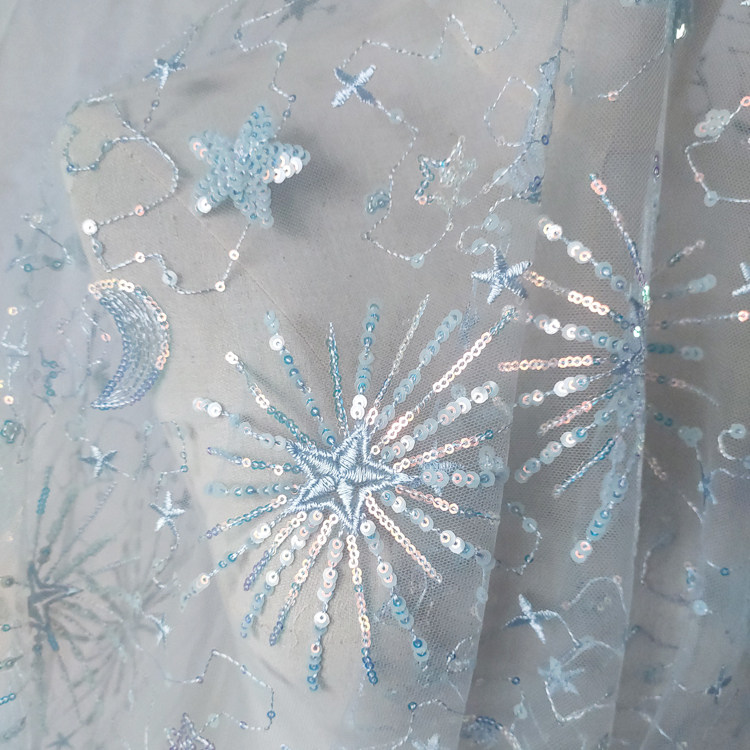 1meter Stars and moon sequined yarn cloth dress see-through sequined dress fashion designer mesh embroidery fabric
