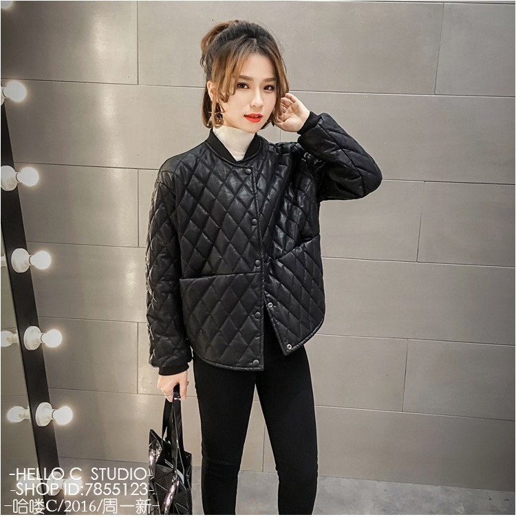 Áo khoác lửng nữ ngắn tay Pu mùa thu đông mới cổ tròn cỡ lớn áo khoác eo cao áo khoác cotton dày phiên bản Hàn Quốc áo da xịn