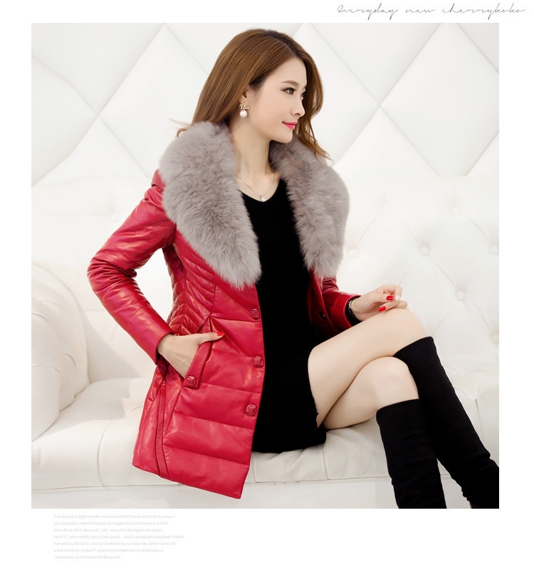 2017 mới Hained leather leather nữ da cừu xuống áo khoác nữ dài phần Slim big fox fur cổ áo áo khoác da nữ