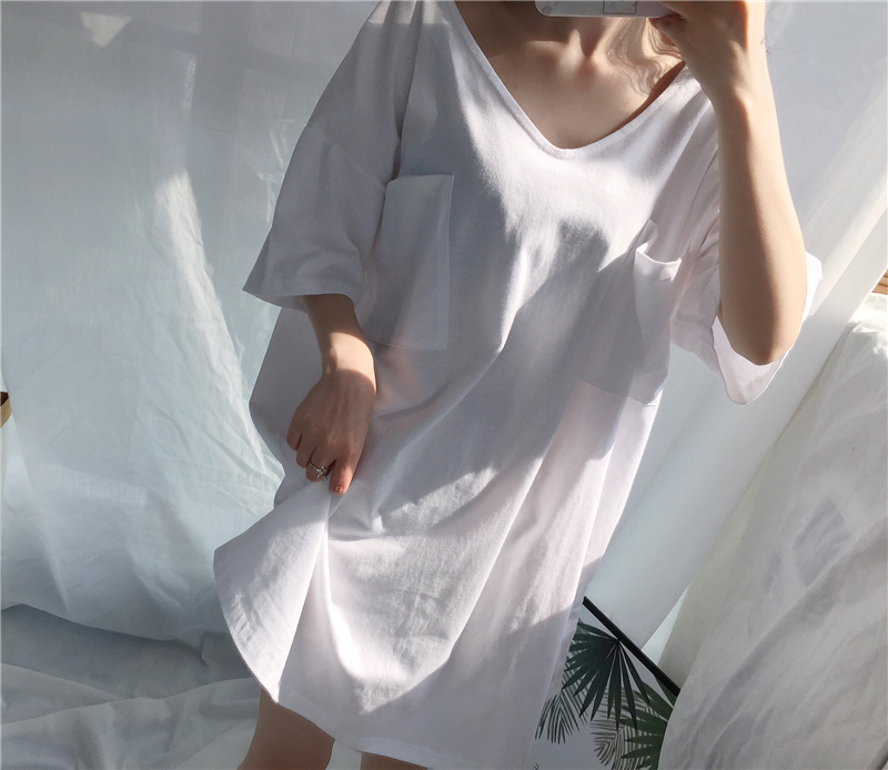 Nhật lười biếng! Xuân-hè mới ngắn tay phục vụ tại nhà nữ áo thun cổ chữ V chất liệu cotton gợi cảm, váy ngủ màu trắng váy ngủ