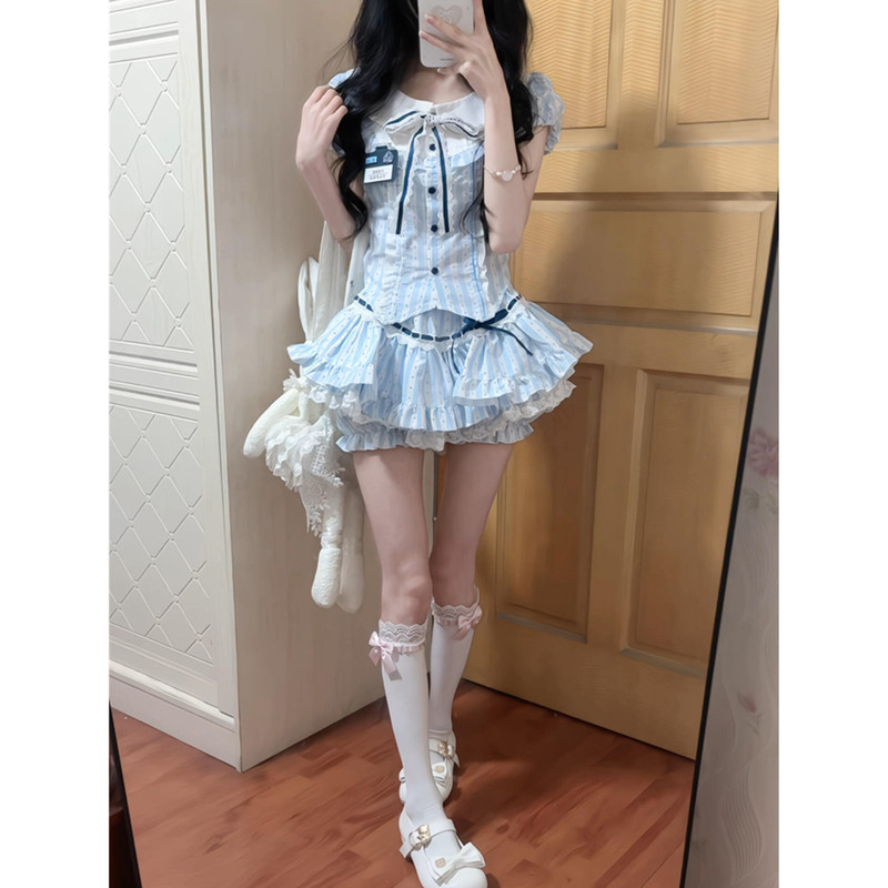 College Style Jk Uniform Suit for Women, Summer Petite Sweet Girl Pure Desire Shirt Top, Puffy Skirt Two-Piece Set