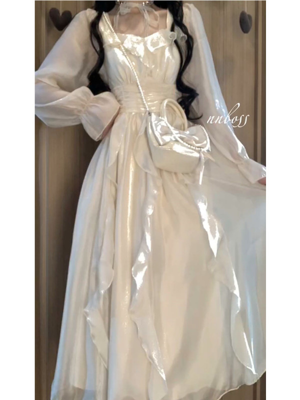 Tweed Style Ruffled White Dress for Women in Autumn and Winter, Petite, High-End, Elegant, Gentle and Fairy-Like Long Skirt