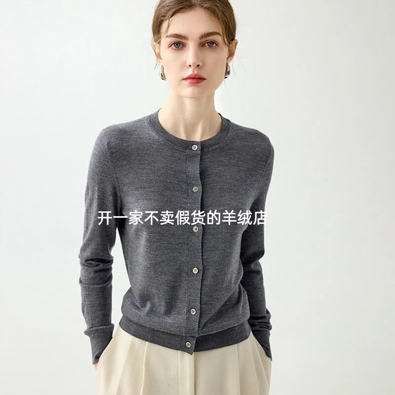 Yangzi Yarn Merino Fine-Spun Women's Round-Neck 100% Pure Wool Cardigan Spring, Autumn, and Winter Knitted Base Layer Pullover Thin Cardigan