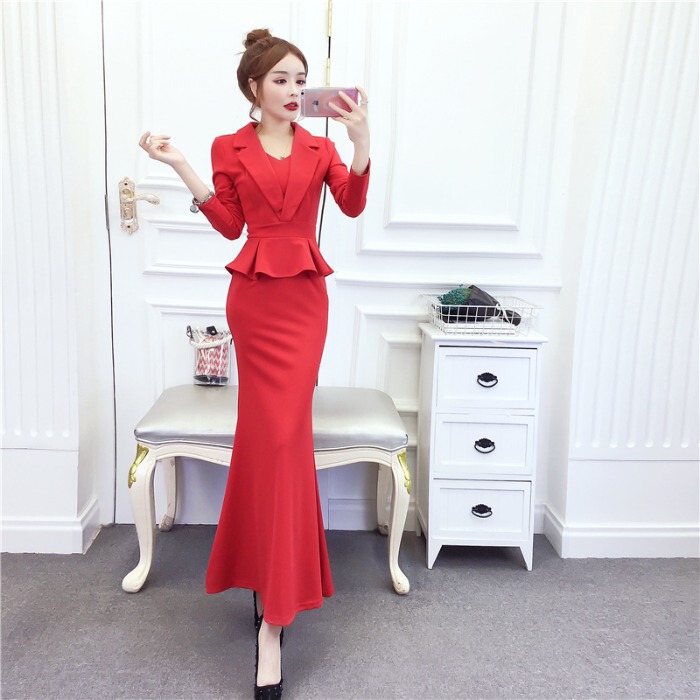 Goddess-Style Formal Long Dress 2025 Spring New Korean Fashion Lapel Ruffle Bodycon Fishtail Dress for Women Goddess-Style Formal Long Dress 2025 Spring New Korean Fashion Lapel Ruffle Bodycon Fishtail Dress for Women