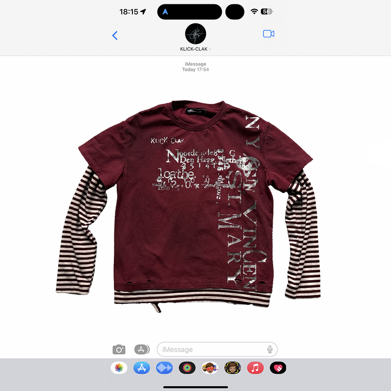 Klickclak Washed and Distressed Street-Style Retro Black and Red Striped Patchwork Silver-Embossed Faux Two-Piece Long-Sleeve T-Shirt Klickclak Washed and Distressed Street-Style Retro Black and Red Striped Patchwork Silver-Embossed Faux Two-Piece Long-Sleeve T-Shirt