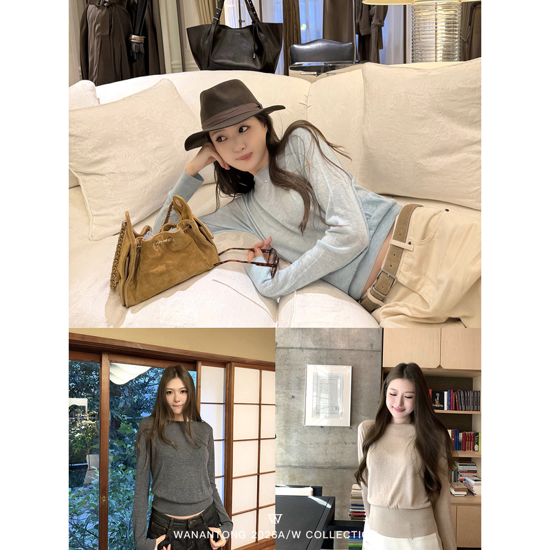Wanantong Baby Skin-Friendly Water-Soluble Wool Sweater Minimalist Elegant Top Pullover Sweater for Women in Autumn