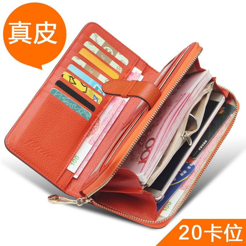 Genuine Leather Lady Wallet Pull Chain Multifunction Large Capacity Bull Leather Wallet to put sim card bag Multi-clamping hand grab bag