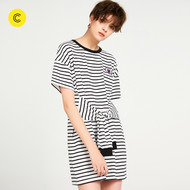 Cachecache thời trang sọc thiết kế vòng cổ ngắn tay áo đầm 5379018123