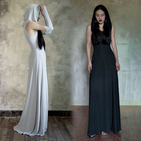 Temple priest sexy stretch inner with wasteland style knitted hooded sleeves long two-color sleeveless dress with wide hem