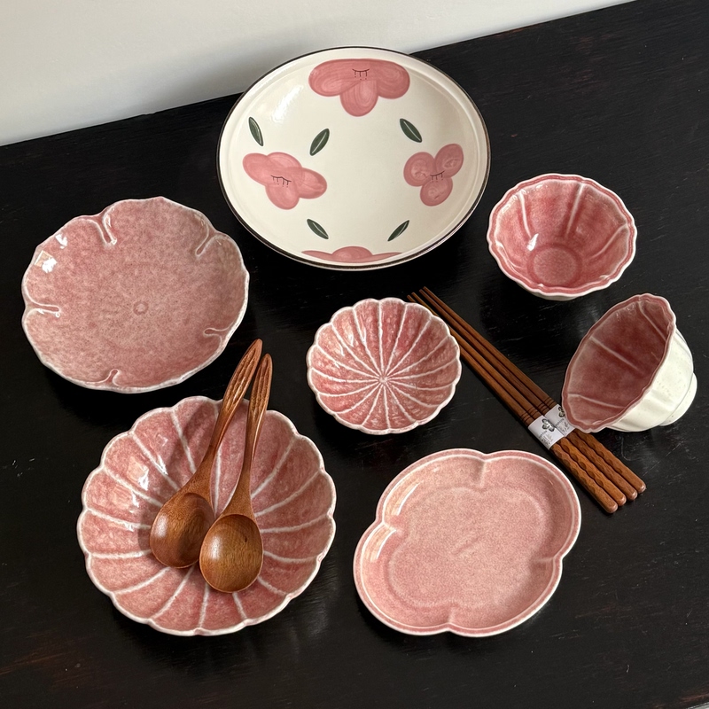 Man Life Boss Lady Pink Mist Camellia Cherry Blossom Pink Series Tableware Set for Two People, Beautiful and Pretty, Gift for Friends