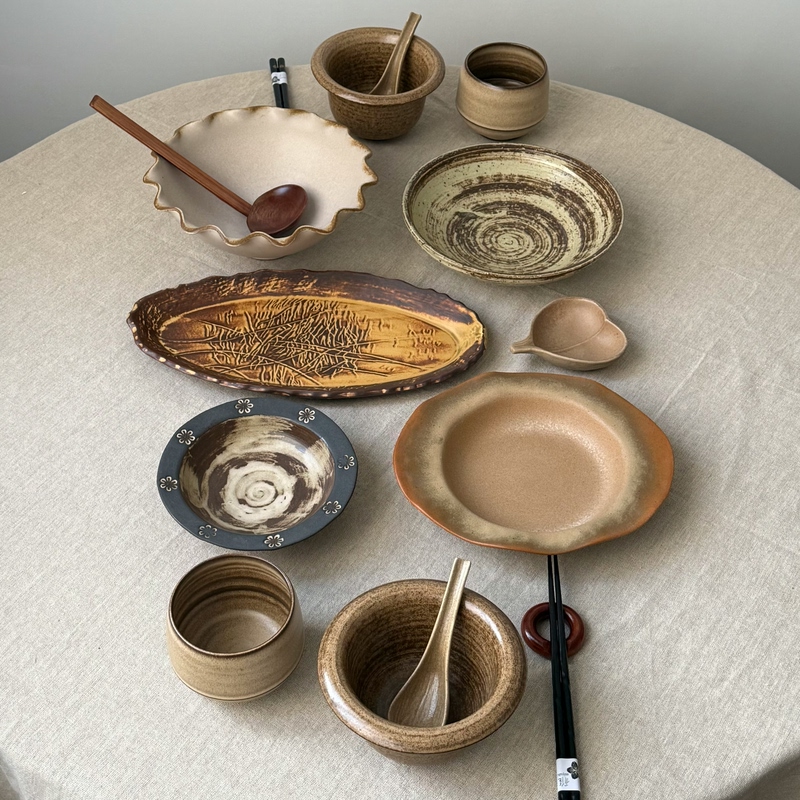 Man Life Boss Lady: Dusty Cooking Utensils - Vintage Wabi-Sabi Style Coarse Pottery Two-Person Dining Set with Bowls, Plates, Cups, and Saucers Man Life Boss Lady: Dusty Cooking Utensils - Vintage Wabi-Sabi Style Coarse Pottery Two-Person Dining Set with Bowls, Plates, Cups, and Saucers