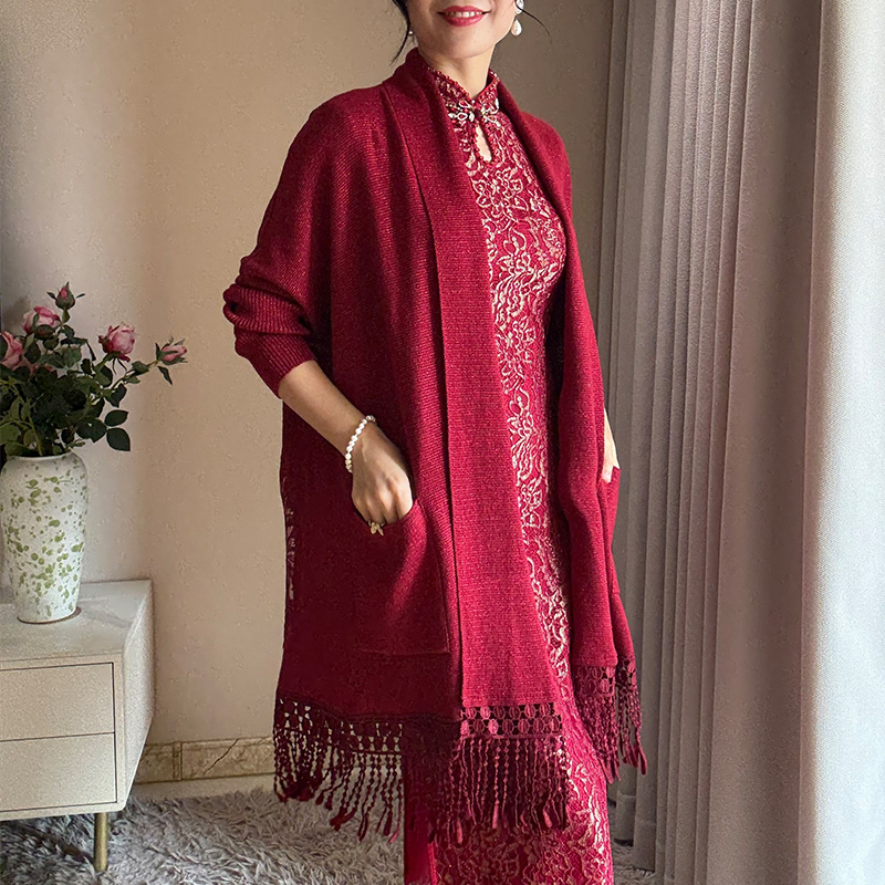 Burgundy Knitted Cardigan, Mother-Of-The-Bride Cheongsam Jacket, Wedding Banquet Dress, Mid-Length Plus-Size Chinese-Style Trench Coat for Autumn