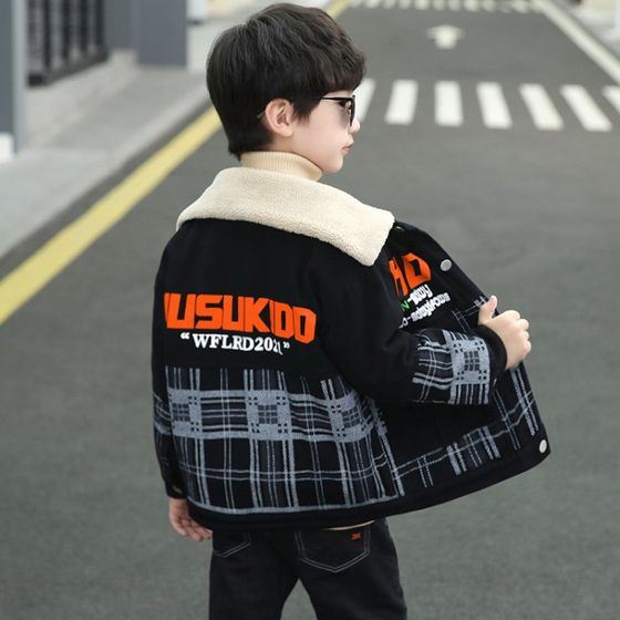 男童加绒牛仔外套洋气棉衣秋冬季保暖儿童装男孩加厚中大童派克服