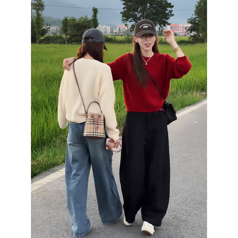 Autumn High-End Style Outfit: a Set of Korean-Style Lazy Knitwear, Elegant Sweater, Round-Neck Slim-Fit Wide-Leg Pants Set