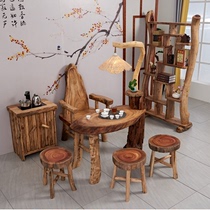 Camphor wood tea table Log root lamp stand Outdoor garden Zen coffee table Balcony Household small tea table and chair combination