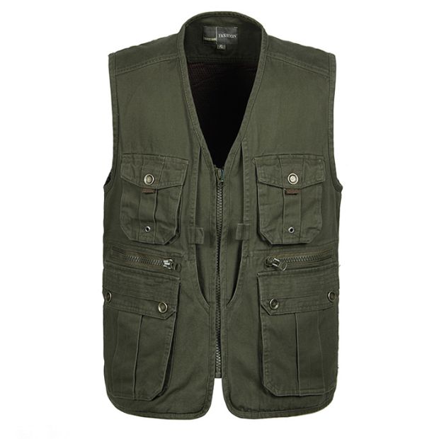 Áo vest nam trung niên mùa xuân và mùa thu mẫu cotton nhiều túi vest ngoài trời câu cá phóng viên chụp ảnh áo vest cổ chữ V áo ba lỗ trắng