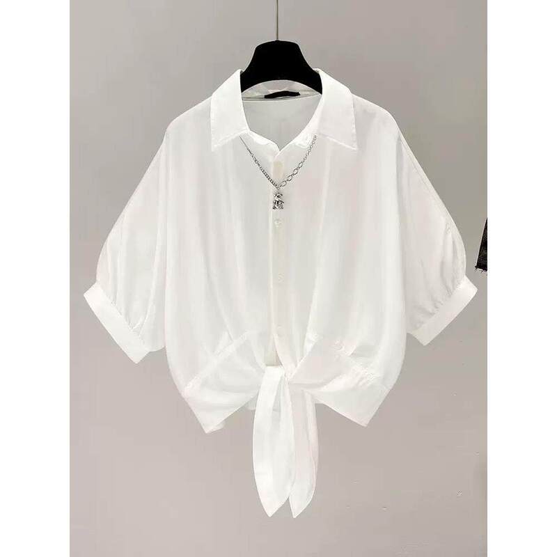 Black Short-Sleeved Shirt for Women, Summer Waist-Cinching White Chiffon Shirt, High-End Niche Batwing Sleeve Short Top