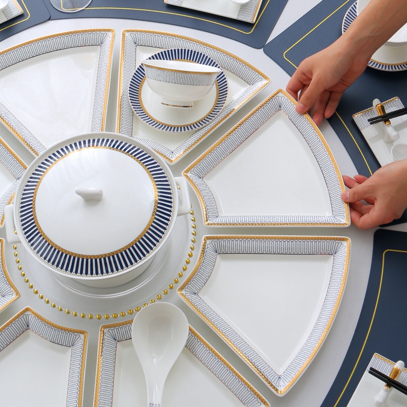 Creative Round Table Platter Tableware Set for 8 People, Round Table Tableware Set, Bowls, Plates, Spoons, Ceramic Bowls and Plates, Fan-Shaped Plate