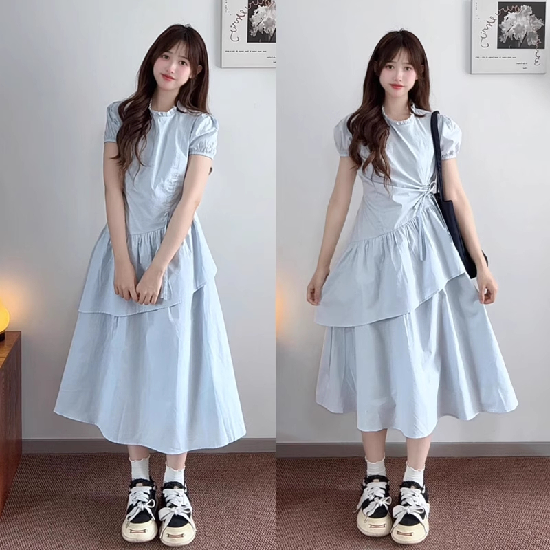 Petite Blue Cake Dress with a High-End Feel, Irregular Short-Sleeved Dress for Women, Summer Design, Slim-Fitting Dress