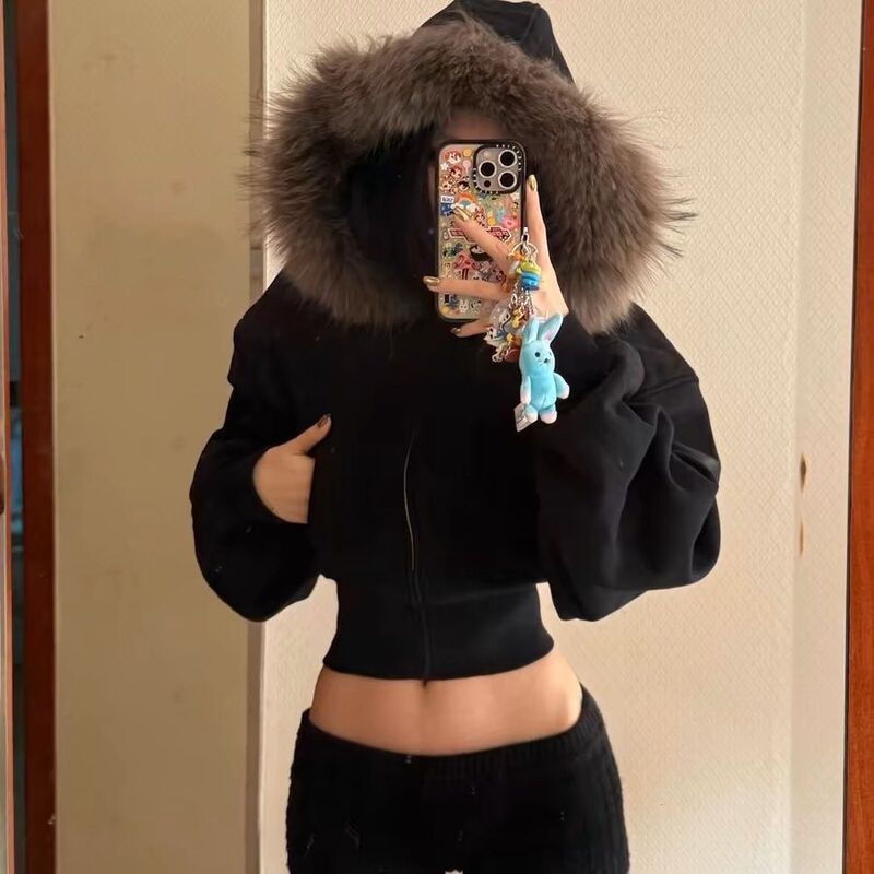 American Retro Black Fur Collar Short Hooded Zipper Jacket for Women in Autumn and Winter Fleece-Lined Design Warm Short Cardigan