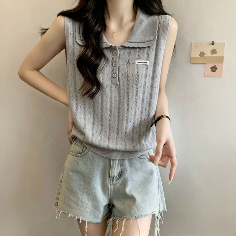 College Style Simple Knitted Vest for Women, Design-Focused Sleeveless Lapel Button Slim Fit Versatile Top for Summer