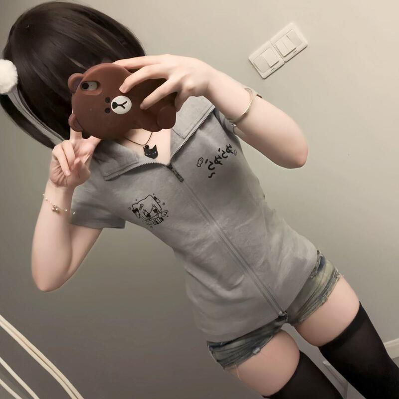 Sweet and Spicy Y2K Hooded Cardigan Sweatshirt for Women, Summer Zip-Up Cardigan, Japanese Style, Cute, Slim Fit, Short-Sleeved Jacket ins