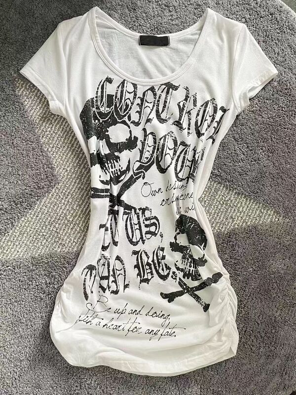 Hot Girl Style Slim-Fit Punk Rock Short-Sleeve T-Shirt Summer Trendy American-Style Black Skull Print Top Ins