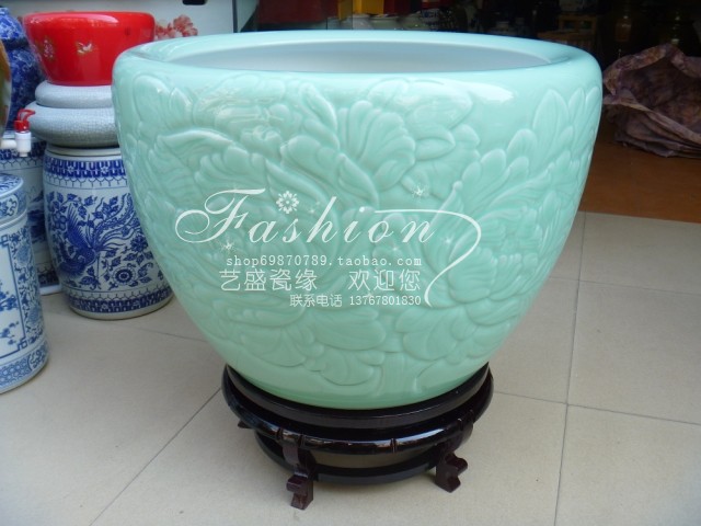 Jingdezhen Ceramic Fish Tank Handcrafted Engraving Peony Monochrome Film Green Glazed Crack Glaze cylinder Calligraphy Cylinder Polypo Basin