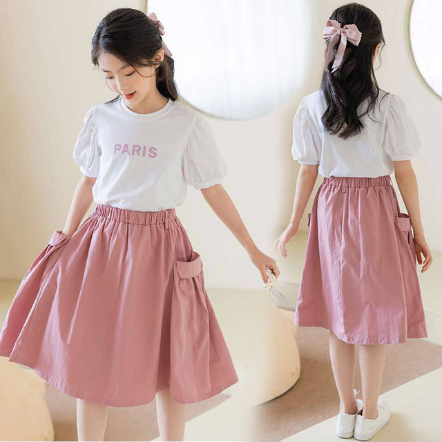 Summer girls short-sleeved T-shirt cute skirt suit 2022 middle-aged children's puff sleeve top student two-piece set