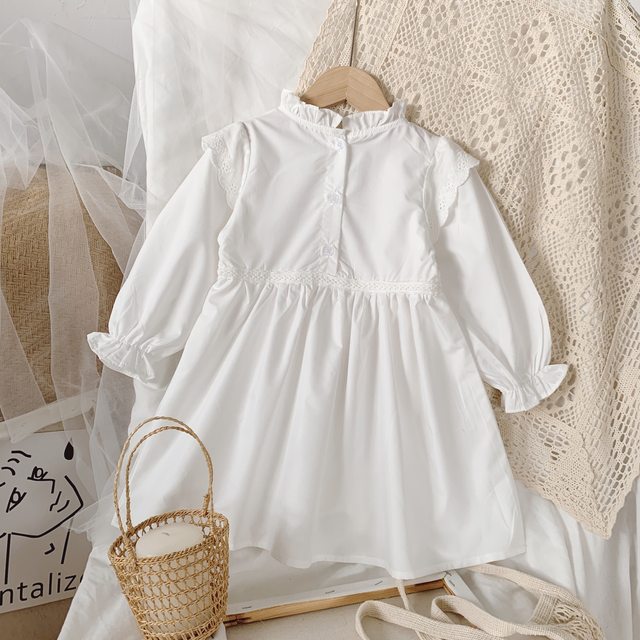 2022 autumn new girl's white long-sleeved dress Western-style princess skirt baby fungus edge puff sleeve skirt