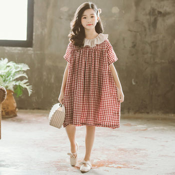 2022 summer children's clothing new girls' short-sleeved dress plaid princess skirt doll collar loose collar for big children